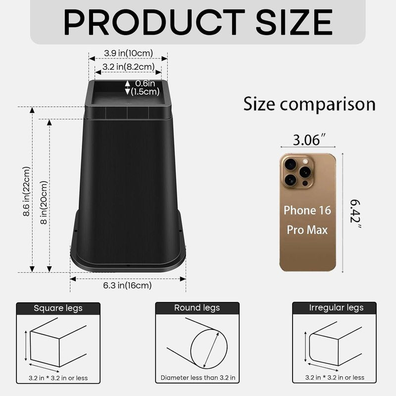 MCXYEM Bed Risers Adjustable Furniture Risers - Heavy Duty 4 or 8 inch or 12inch Non-Slip Lift Supports for Beds/Couches/Sofas, Durable Square Design with Creates Storage Space (Black 9 Pack, 8 Inch)