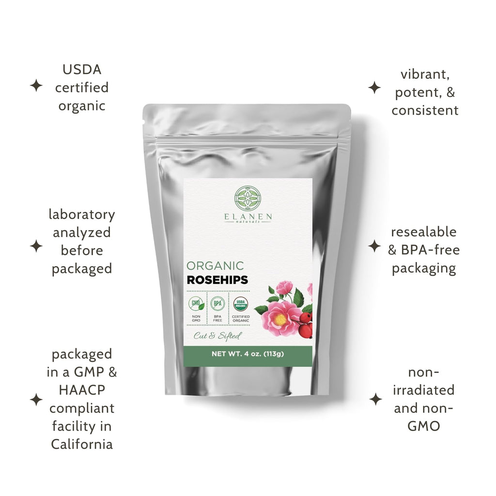 Elanen Naturals Organic Rose Hips 4 oz. (113g), USDA Certified Organic Rosehip Tea, Dried Rose Hips, Whole Rosehips Bulk, Cut & Sifted