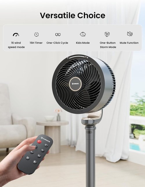 AIRMATE 16-Speed Pedestal Fan - Quiet 27dB with Remote & 90° Oscillation | Adjustable Height, Grey