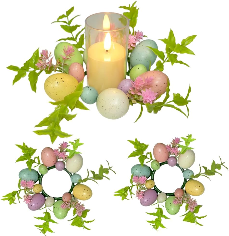 Skiennix Easter Egg Candle Rings - 3-Piece Mini Wreath Set for Spring Decor | 9" Pastel Holders