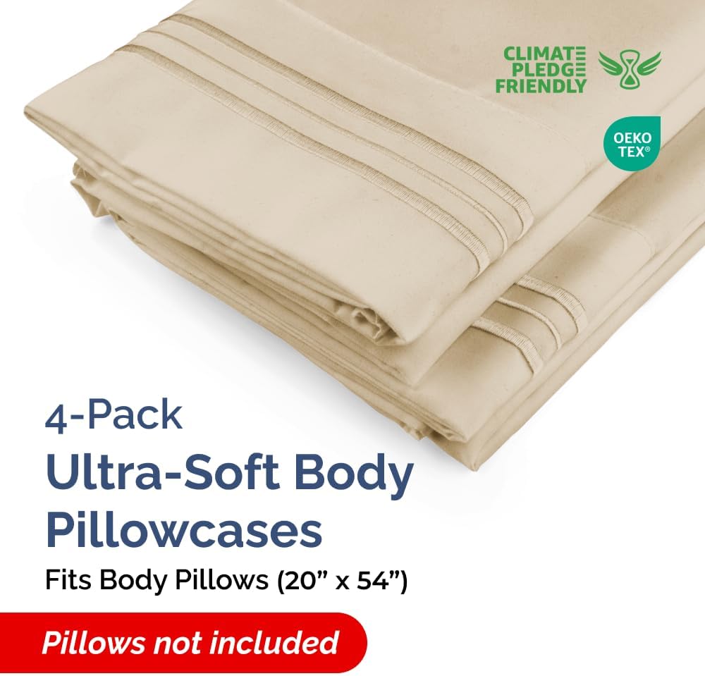 Skiennix Body Pillowcases Set of 4 | Soft & Cozy 20x54 Long Pillow Covers for Side Sleepers - Machine Washable (Wheat)