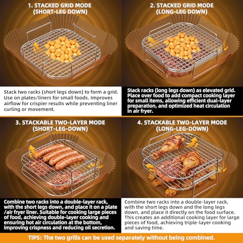 8-Inch Stainless Steel Stackable Air Fryer Racks - 2-Piece Square Grill Set
