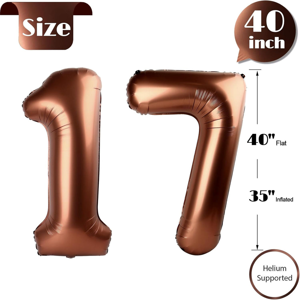 Number 17 Balloon - Dark Brown 40 Inch Birthday Decoration for 17th Birthday Parties