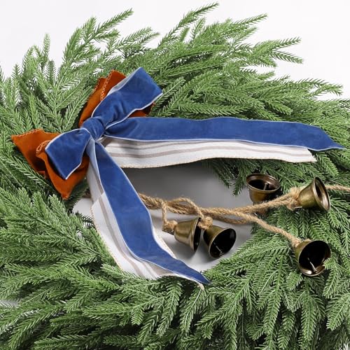 22 Inch Norfolk Pine Christmas Wreath with Bells and Ribbon - Rustic Holiday Decor