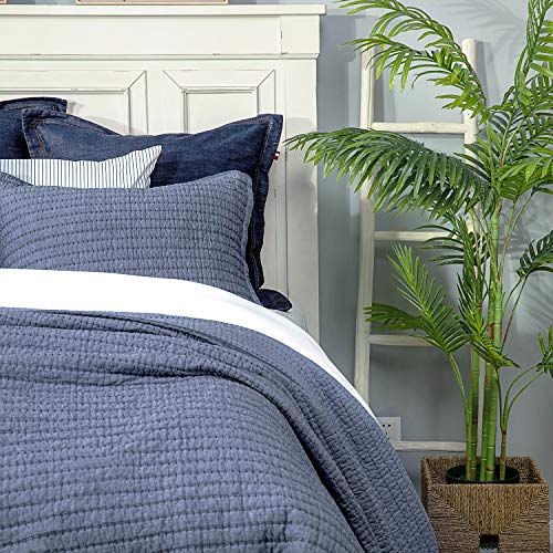 Cotton Chambray Standard Pillow Sham - Blue Channel Stitched Cover