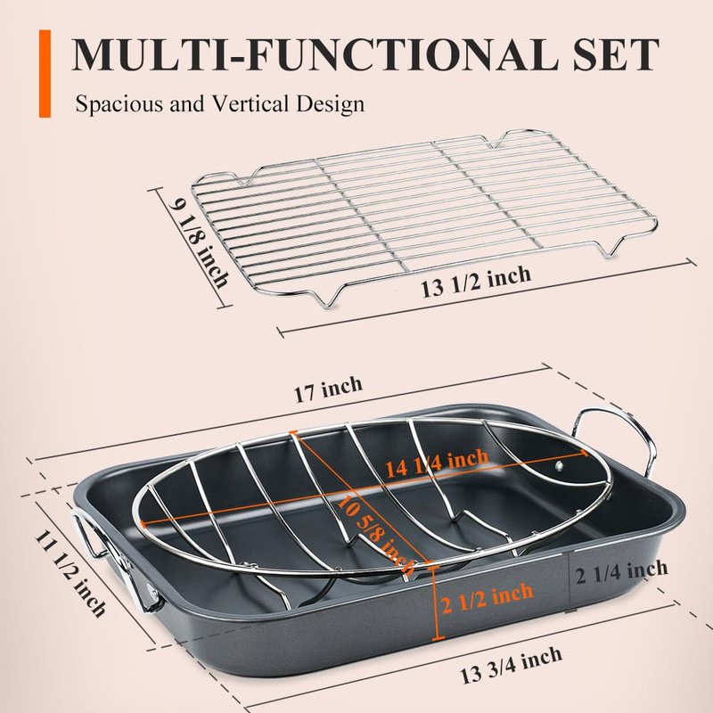 Nonstick Turkey Roaster with 2 Stainless Steel Racks for Baking Turkey, Chicken, Veggies