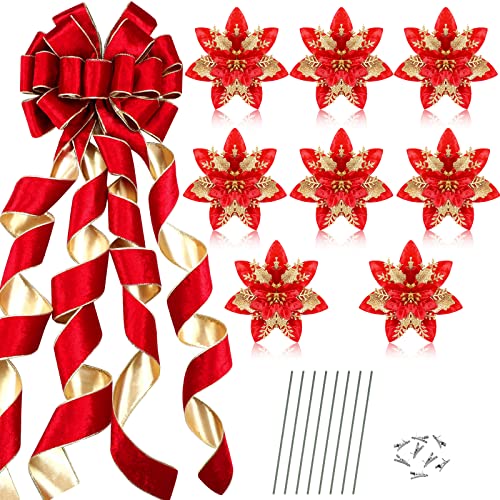 Dingion Large Christmas Tree Topper Velvet Bow Decor, Red Golden
