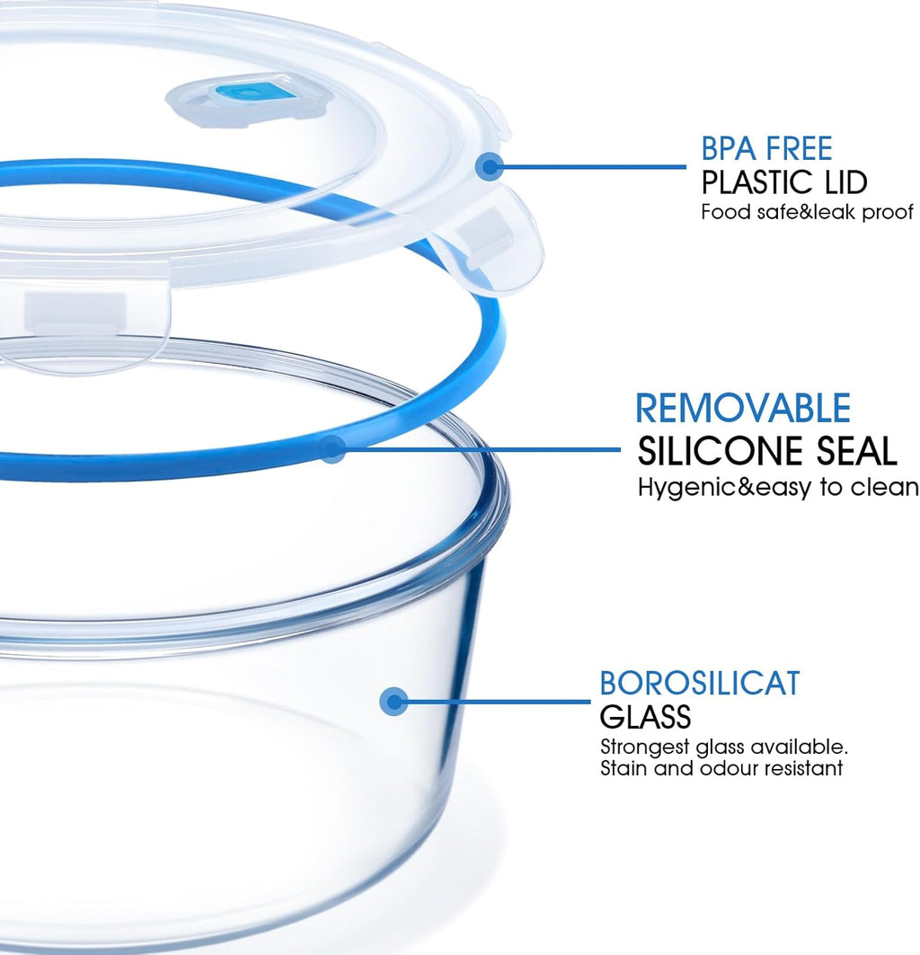 NUTRIUPS Large Round Glass Food Storage Containers - Airtight Lids for Meal Prep | 4-Piece Set