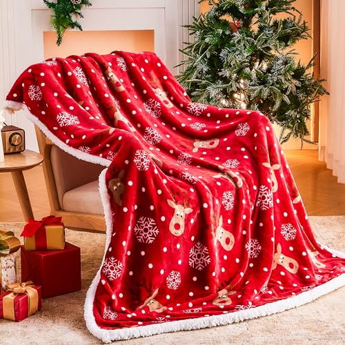 Ramees Christmas Throw Blanket - Cozy Fleece Holiday Blanket with Reindeer & Snowflakes