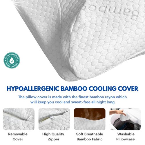 Bamboo Rayon Cervical Neck Pillow for Neck Pain Relief - Memory Foam Ergonomic Pillow for Sleeping, Adjustable Orthopedic Contour Neck & Shoulder Support Cooling Pillow - Back and Side Sleepers