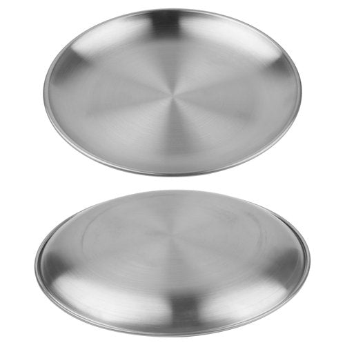 MOUYAT 5 PCS Stainless Steel Plate Set, 13 Inch Round Metal Dinner Plates, Heavy Duty Round Salad Plates Reusable Metal Dinner Dish for Serving Camping Outdoor BBQ Home Kitchen, Polished silver