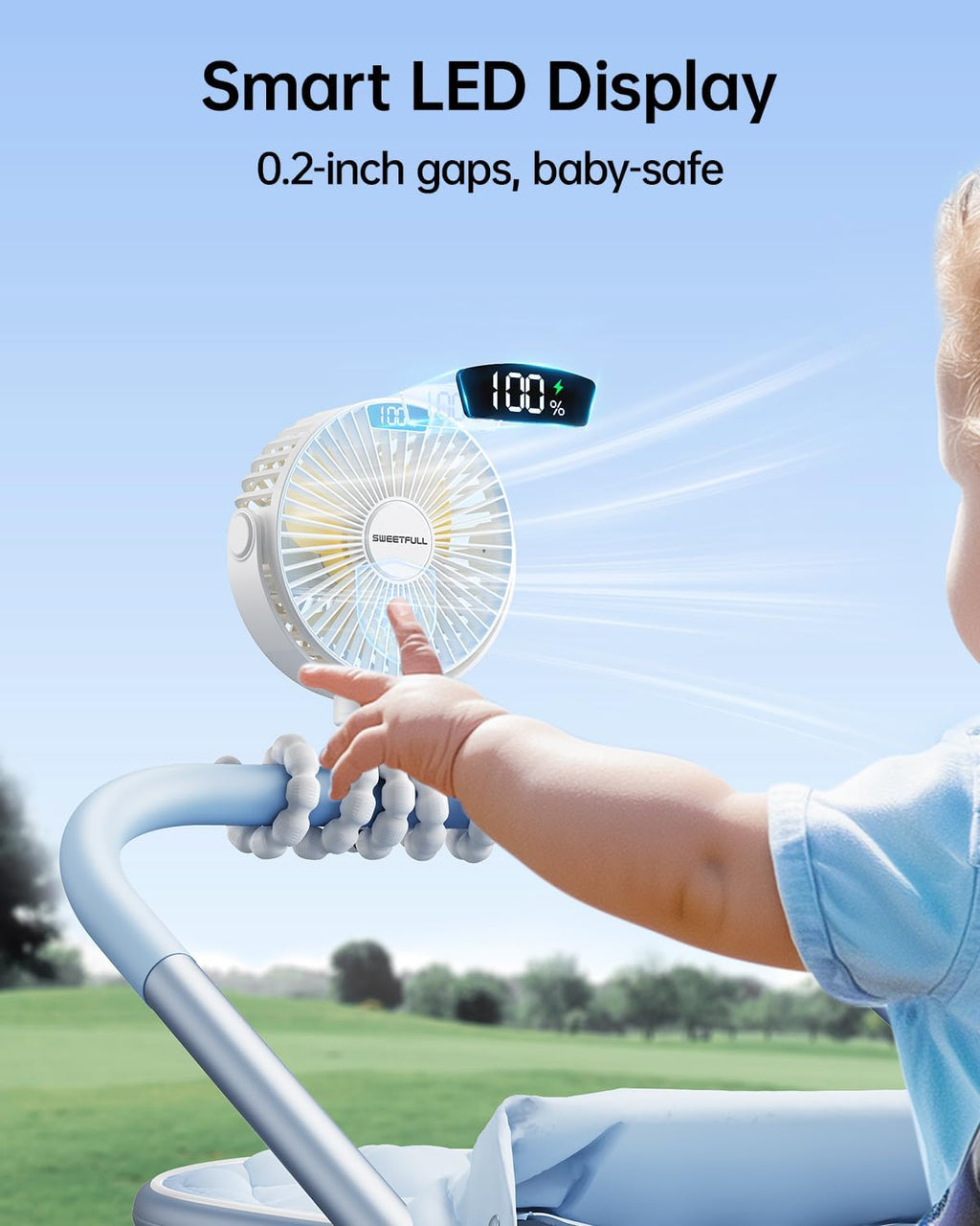 Sweetfull Portable Stroller Fan - 4-Speed Rechargeable Mini Clip-On Fan with LED Display | 360° Rotation, White