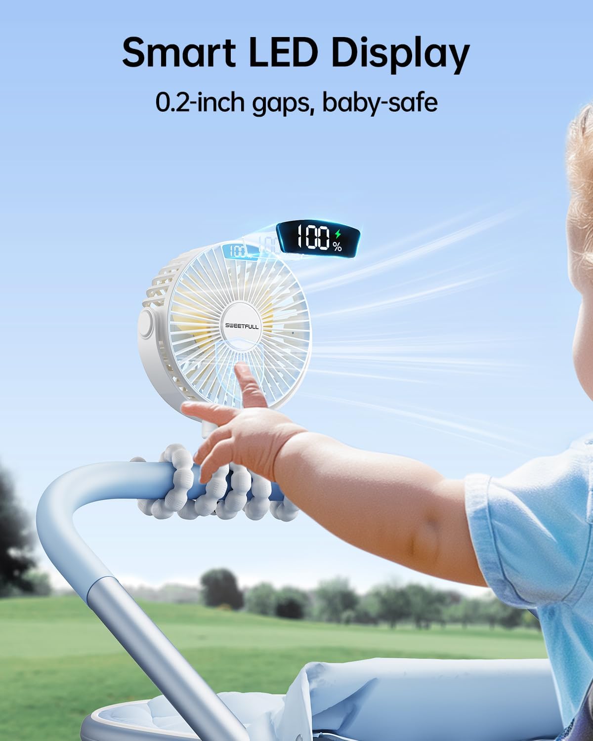 Sweetfull Portable Stroller Fan - 4-Speed Rechargeable Mini Clip-On Fan with LED Display | 360° Rotation, White