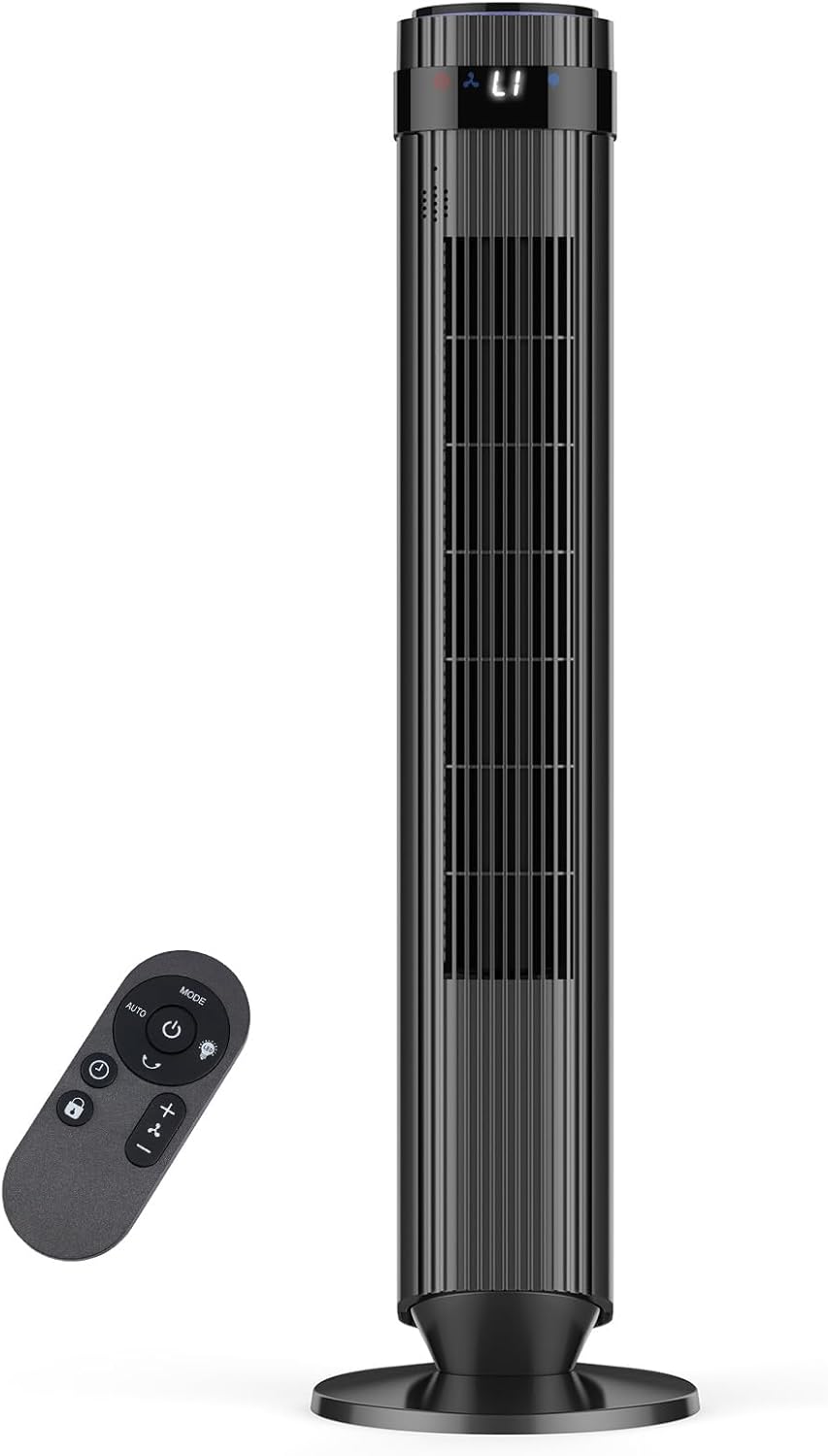 OLIXIS Quiet Tower Fan - Bladeless Oscillating Cooling Fan with Remote, 12H Timer, 5 Speeds | Black