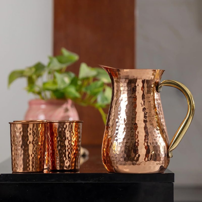 POSHGRAM Copper Pitcher Handcrafted Excellence, Hammered Texture Copper Water Pitcher with Sturdy Handle, Set of 4 Glasses for Everybody, Capacity of jug -1.25 L and Capacity of each glass -250ml