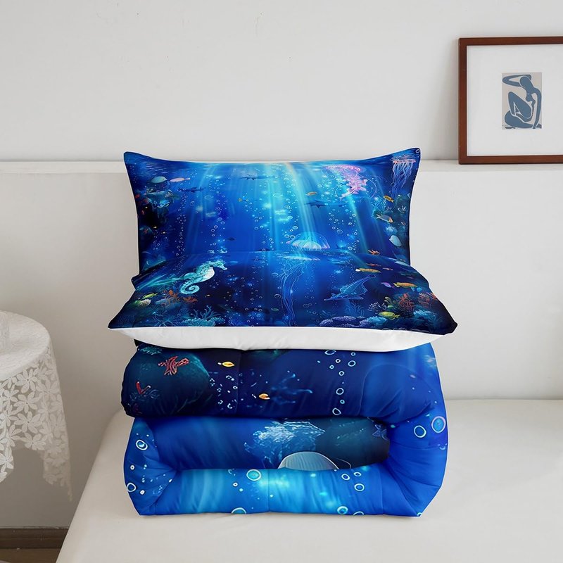 Feelyou Seahorse Comforter Set Twin Size Kids Marine Animals Comforter for Boys Girls Teens Jellyfish Bedding Set Underwater Animal Duvet Set Marine Life Sealife Quilt