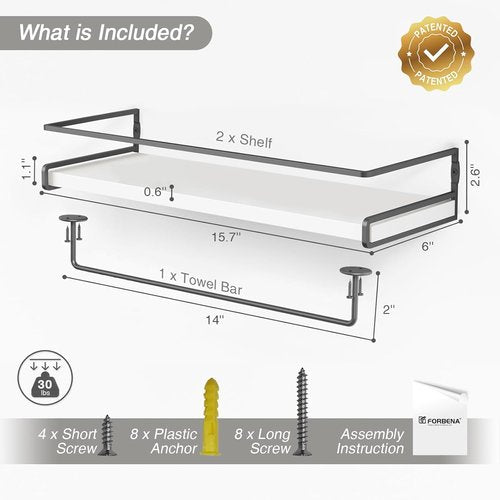 Forbena Floating Bathroom Shelves - Wall Mounted Organizer with Towel Rack | Set of 2 (White-Dark Grey)