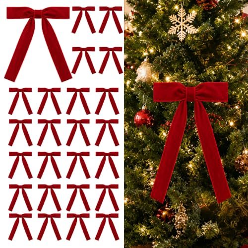 KINDSIGN Red Velvet Christmas Bows 30-Pack for Tree Decor – 5x7 Inches