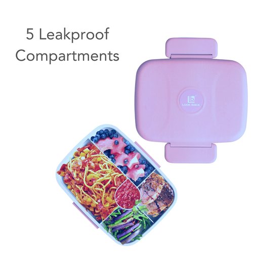 Fenrici Bento Box For Girls & Teens, Made with Plastic-Free Wheat Straw, Utensils Included, 5 Leakproof Compartments, Compatible Lunch Box, BPA-Free, Microwave, Dishwasher Safe, Purple