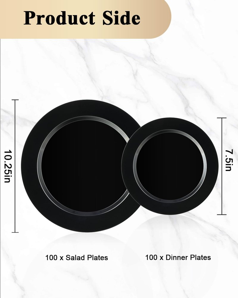 BESTVIP 200PCS Black Plastic Plates, Disposable Party Plates with 100 Dinner Plates and 100 Dessert Plates, Plastic Plates for Party, Wedding, Birthday (Black, 200PCS)
