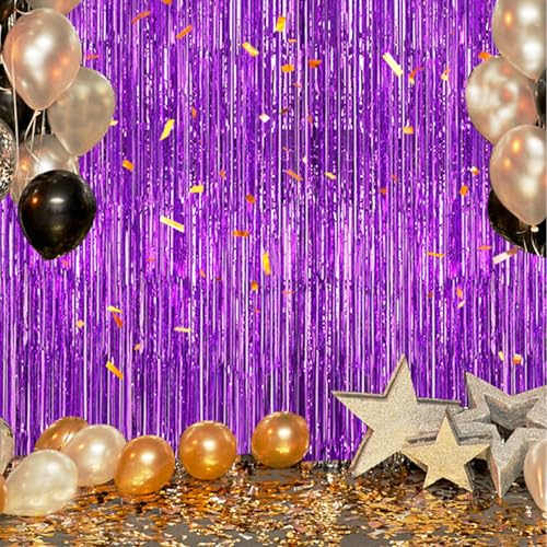 Purple Foil Fringe Backdrop 3-Pack - 3.3x8.2 FT Metallic Tinsel Curtains