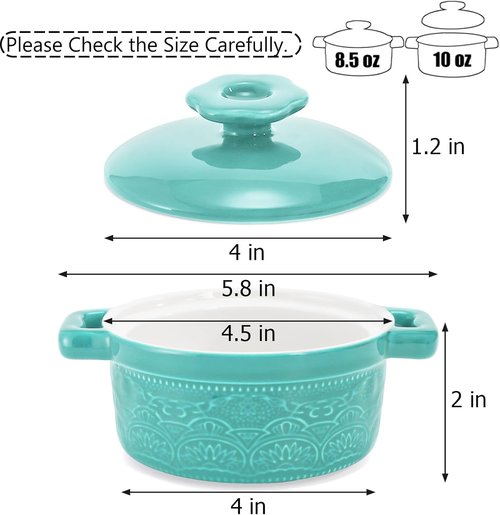 Hacaroa Mini Cocotte Set - 8 Oz Ceramic Ramekins with Lid & Handles | Versatile Individual Baking Dishes in 6 Colors