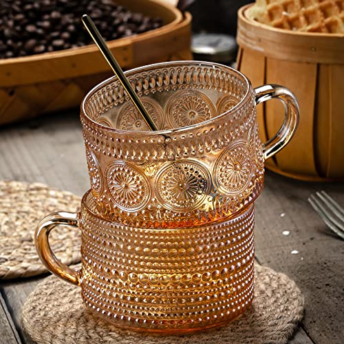 Gezzeny Amber Vintage Coffee Mugs Set of 2 - 14 Oz Embossed Glass Tea Cups for Cappuccino, Latte, Beverage & Gifts