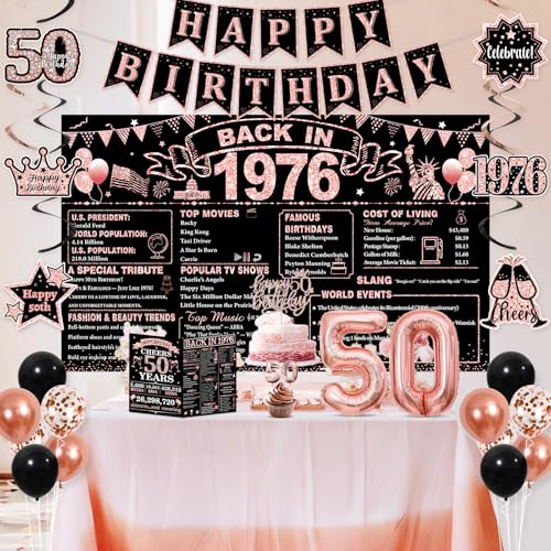 50th Birthday Party Decorations Kit - Rose Gold and Black 1976 Theme