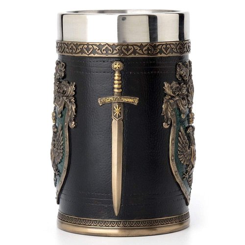 Veronese Design 6.25 Inch 0.5 L Double Headed Eagle Crest Axe Handle Beer Stein Stainless Steel Tumbler Antique Bronze Finish Sculpture Tabletop Decorative Cup
