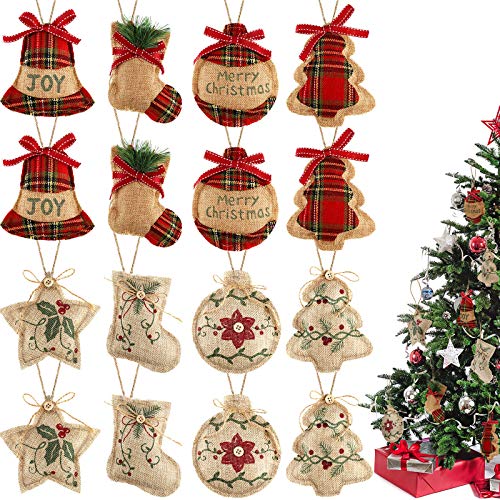 WILLBOND 16-Pack Burlap Christmas Ornaments Set with Buffalo Plaid Design