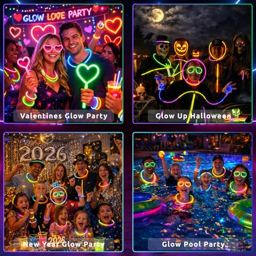 Ammy Glow Sticks Bulk Party Pack 205 Pcs with Connectors and Glasses