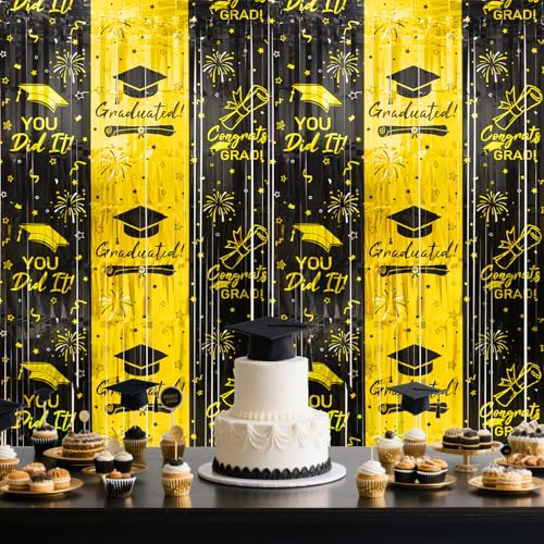 Black & Gold Tinsel Backdrop Curtains for Graduation - 2 Pack, 3.3 x 6.6 ft