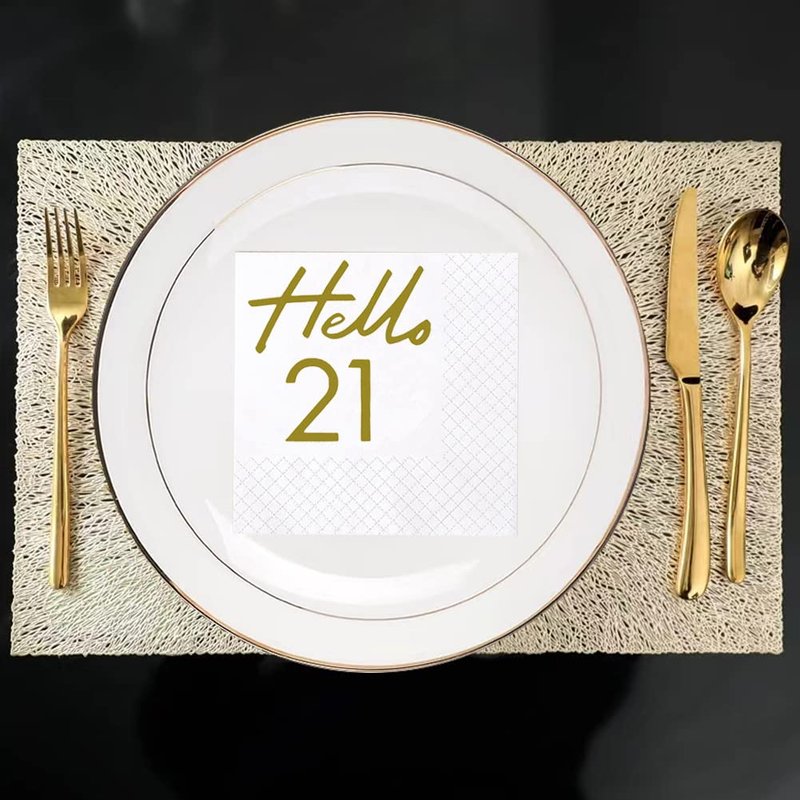 SharkBliss 21st Birthday Cocktail Napkins, 100 Pack Gold Hello 21 Birthday Disposable Paper Beverage Cocktail Napkins for His Her 21st Birthday Party Decorations | 2-Ply, 5x5" (Hello 21)