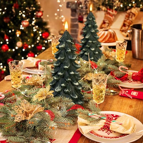 Yongmao 2-Pack Christmas Tree Shaped Flameless Candles with 6H Timer, Green Real Wax Battery-Operated LED Candles