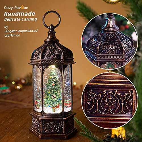 Musical Christmas Tree Snow Globe Lantern with Rotating Train & Timer