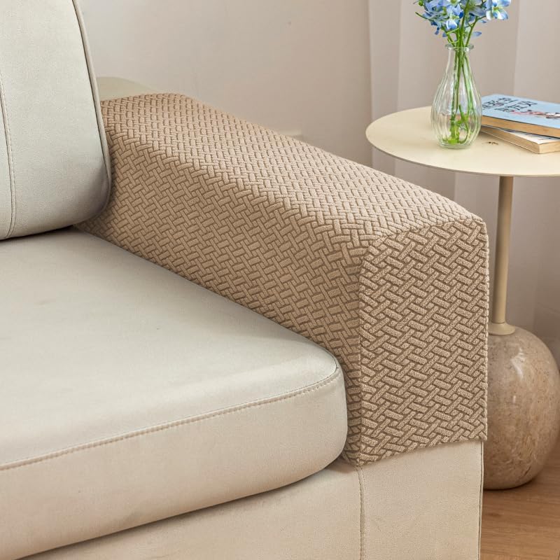 Sofa Arm Covers - Large Light Coffee Stretchy Armrest Protectors (Set of 2)