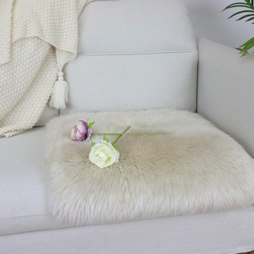 IRIWOOL Square Fur Sheepskin Chair Cover Seat Cushion Pad Super Soft Area Rugs for Living Bedroom Sofa 18" x 18" (Beige, 18" x 18" (Pack of 1))