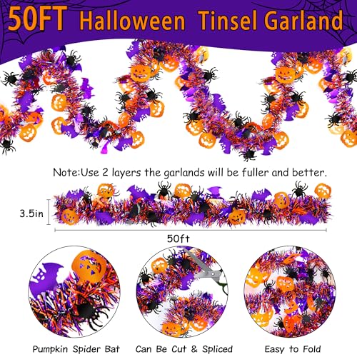 50FT Halloween Metallic Tinsel Garland with Pumpkin Spider Bat Ornaments