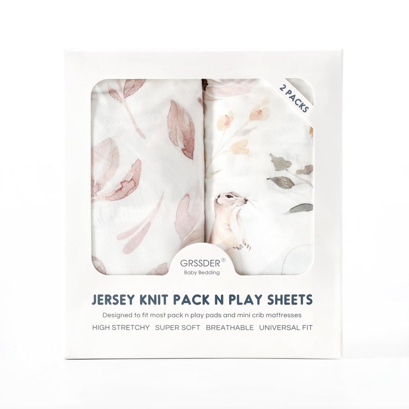 Pack n Play Sheets FItted 2 Pack, Stretchy Ultra Soft Jersey Knit Pack and Play Sheets, Universal Fitted Portable/Mini Crib Mattresses Snug and Safe, Beautiful Blush Pink Floral and Cute Animals Print