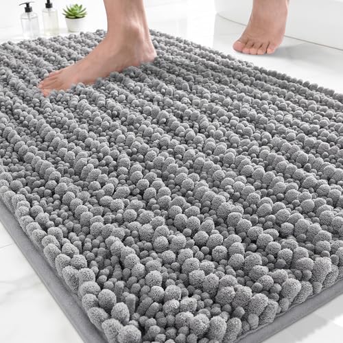 Yimobra Non-Slip Chenille Bath Mat – Extra Soft Absorbent Shaggy Rug, 24x17 Grey