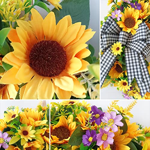 18-Inch Artificial Sunflower Wreath with Bow for Front Door Spring Decor