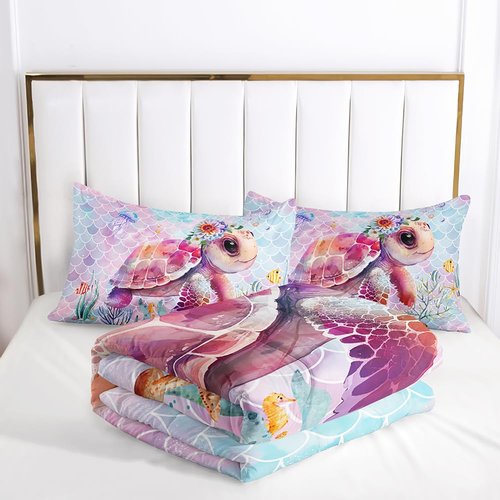 Cute Floral Sea Turtle Comforter Set for Girls Kids Teens, Queen Size Ocean Tortoise with Flower Bedding Quilt with 2 Under Sea Life Pattern Pillowcases- 90" x 90" (Queen, 03)
