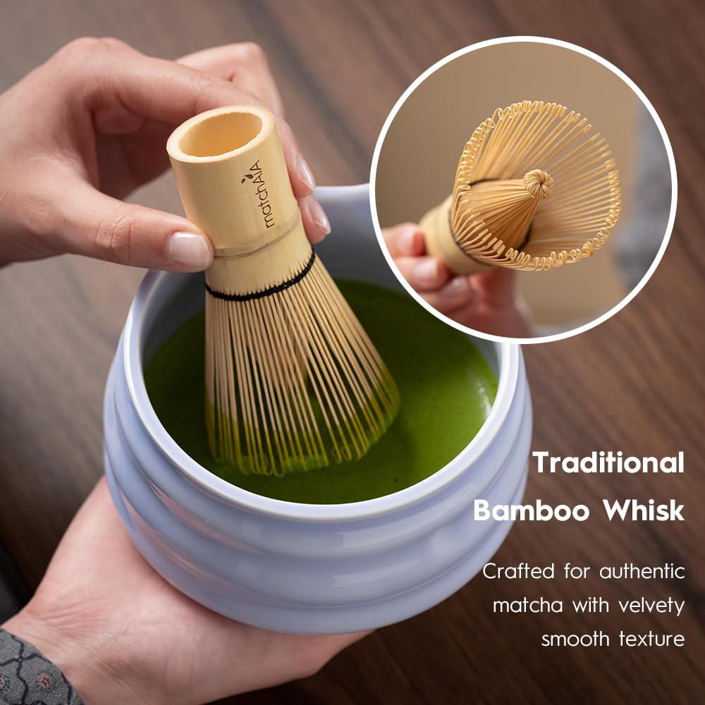 MatchAiA Matcha Whisk Set - Ceramic Bowl, Bamboo Whisk with Holder, Storage Canister, Sifter, Schima Spoon with Rest, Tea Towel - 8 Pcs Complete Kit for Traditional Matcha and Modern Lattes (Purple)
