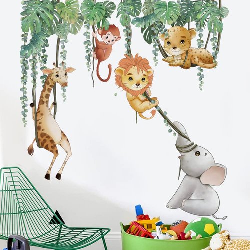 Runtoo Safari Animals Wall Decals Palm Leaves Giraffe Lion Elephant Wall Art Stickers for Kids Bedroom Nursery Home Decor