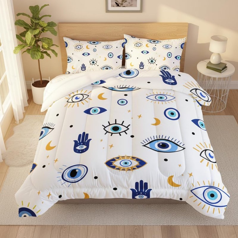 AILONEN Evil Eye Comforter Set Queen Size, Modern Evil Eye Bed in a Bag for Kids Girl,Beautiful Boho Style Bedding Set,3 PCS,1 Quilt and 2 Pillowcases,All Season,Ultra Soft