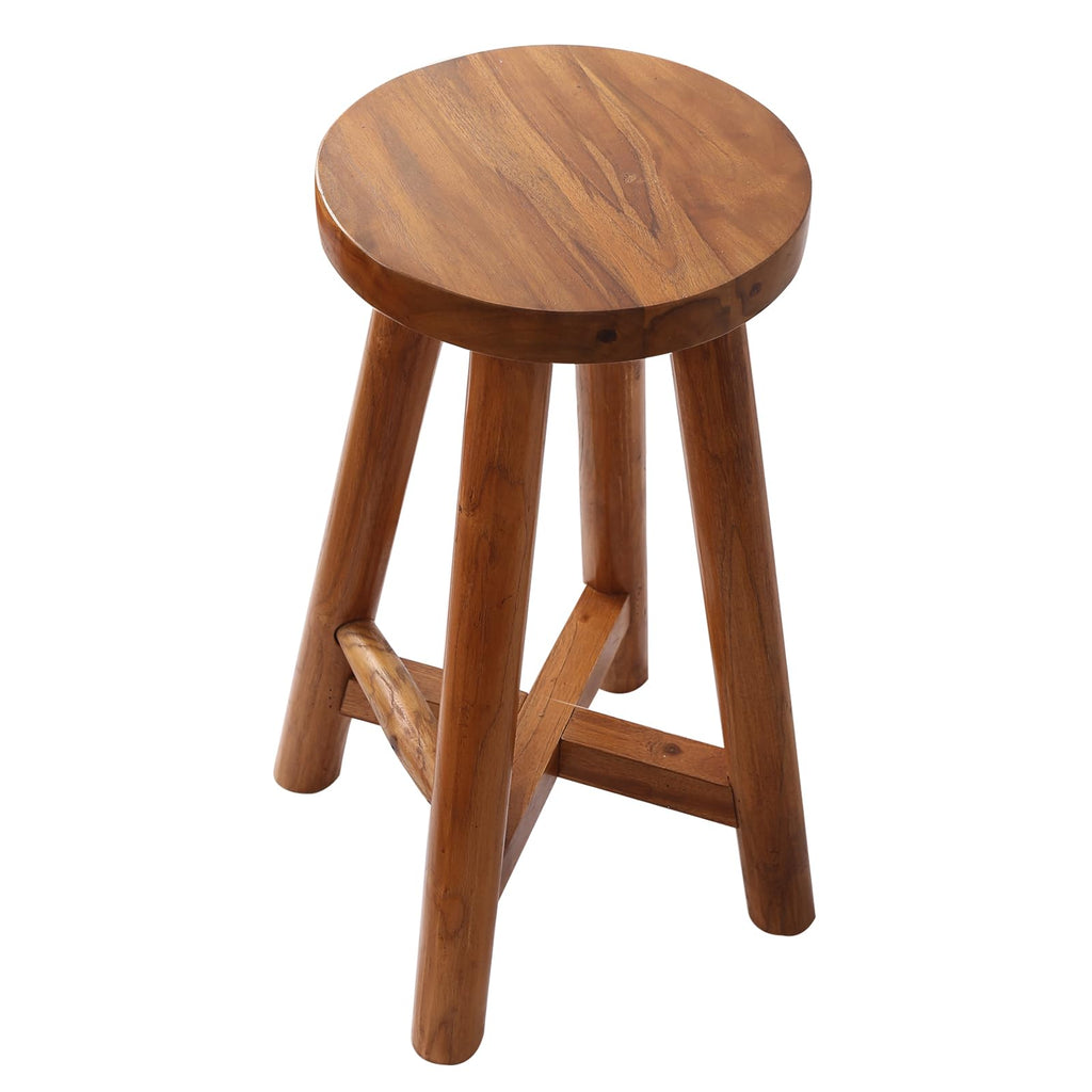 JOLLYMER Solid Teak Wood Barstool with Round Seat for Kitchen Counter, Home Bar Furniture, 24-Inch Height