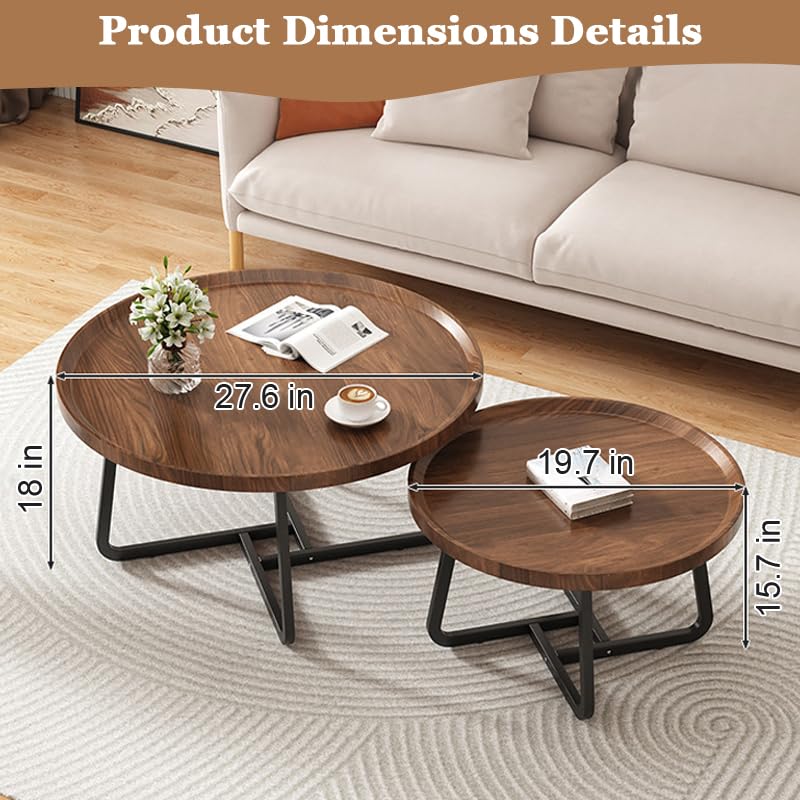 Round Nesting Coffee Table Set of 2, Walnut Wood Mid-Century Modern