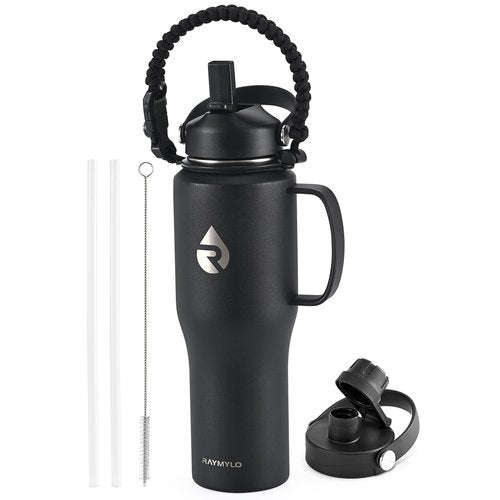 RAYMYLO 32oz Stainless Steel Water Bottle (Cold for 48 Hrs, Hot for 24 Hrs), Triple Wall Vacuum Insulated Water Bottle with Straw Lid, Spout Lid and Paracord Handle, Leakproof, Fit in Any Car Cup