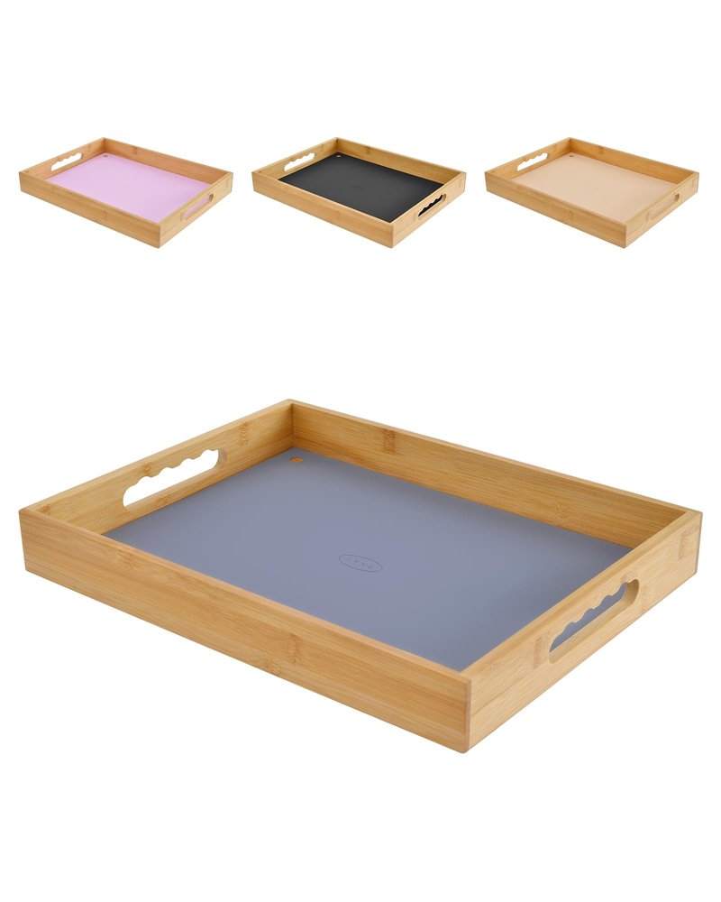 Bamboo Serving Tray with Handle, Breakfast in Bed Tray with Removable Silicone Mat, for Pantry Living Room Bathroom Tea Bar