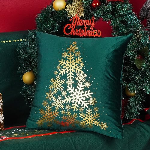 ONWAY Green Christmas Decorations Gold Throw Pillow Covers 18x18 Set of 4 Snowflakes Reindeer Decorative Cushion Cases Xmas Golden Decor for Couch Sofa Bedroom